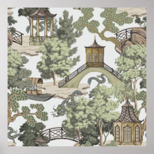 Affiche Vintage paysage chinois sans couture motif. Chinoi