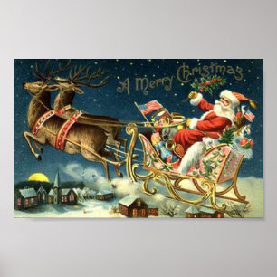 Affiche Vintage Père Noël et Sleigh
