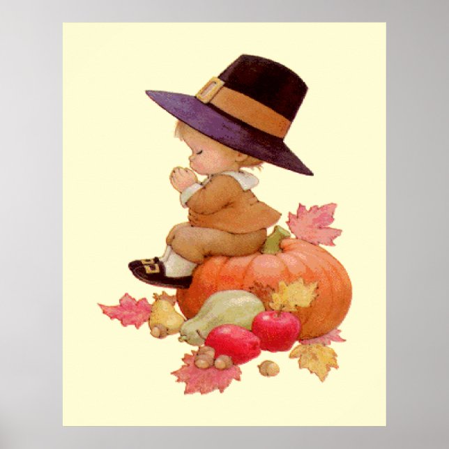 Affiche Vintage Pilgrim Boy Praying on Pumpkin (Devant)