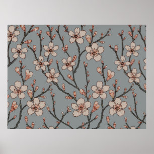 Affiche Vintage Pink and Gray Blossom Pattern