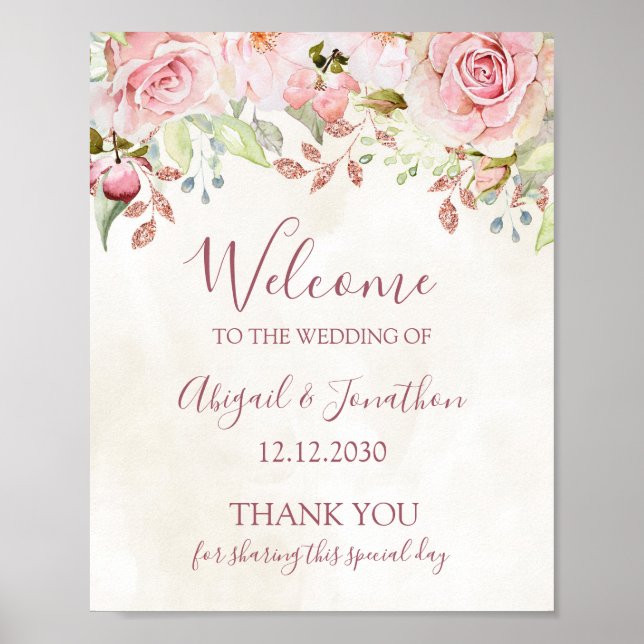 Affiche Vintage Pink Floral Spring Wedding Welcome (Devant)