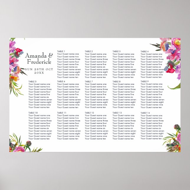 Affiche Vintage Pink Peonies Wedding Seating Chart (Devant)