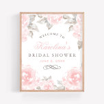 Affiche Vintage Pink Watercolor Rose Wedding Bridal Shower<br><div class="desc">Elegant wedding bridal shower poster sign welcomes guests to the bridal shower. Design features blush and pewter gray text that can be personalized with the Bride's name and shower date, framed by a border of soft pink roses with green / gray leaves. Flowers have a beautiful watercolor painted appearance. Perfect...</div>