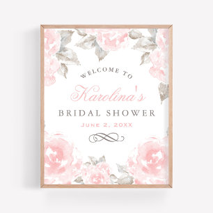 Affiche Vintage Pink Watercolor Rose Wedding Bridal Shower