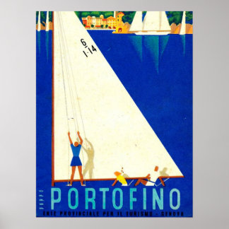 Affiche Vintage Portofino Bleu Mer Blancs Tourisme