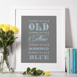 Affiche Vintage Quelque chose de bleu Mariage Fête des mar<br><div class="desc">Elégant et vintage "Quelque chose de vieux,  quelque chose de nouveau,  quelque chose d'emprunté,  quelque chose de nouveau" typographie de la conception de citation. Affichez comme signe de bienvenue à une douche mariage nuptiale. Les couleurs comprennent le gris fusain,  le blanc et le bleu aqua pâle.</div>