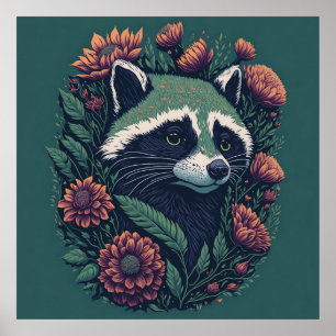 Affiche Vintage Raccoon Green Flora.