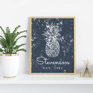 Affiche Vintage Retro Beach Ananas Nom de famille