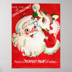 Affiche vintage rétro de Noël Père Noël Reindeer