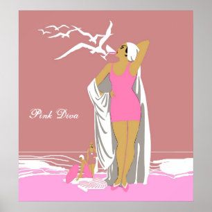 Affiche Vintage Rétro Fille Rose Diva 2