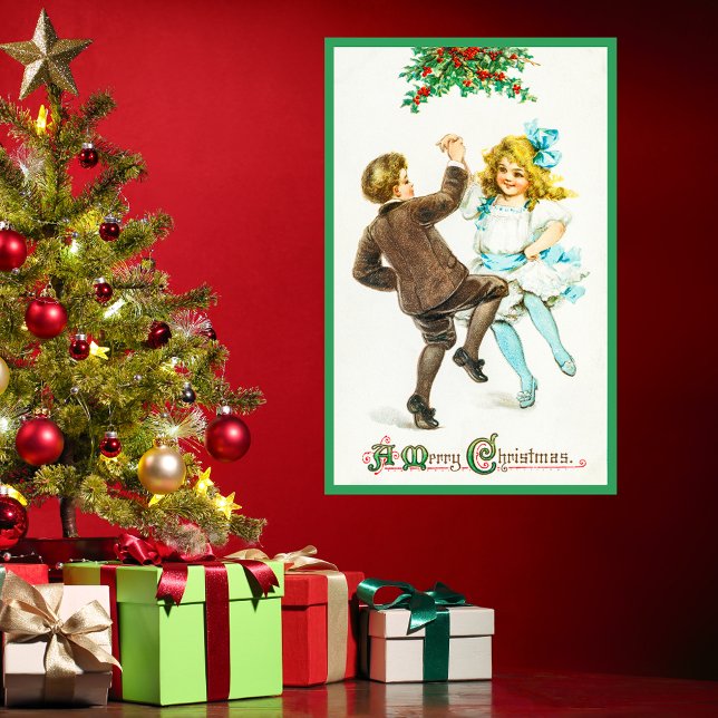 Affiche Vintage Retro Joyeux Noël mignon Kid Green Holly (Vintage Retro Merry Christmas Cute Kids Dancing Green Holly Red Berries Holiday Season Poster)