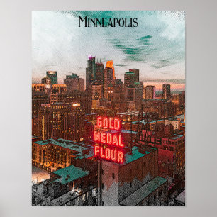 Affiche Vintage Retro Minneapolis Minnesota Voyage Skyline