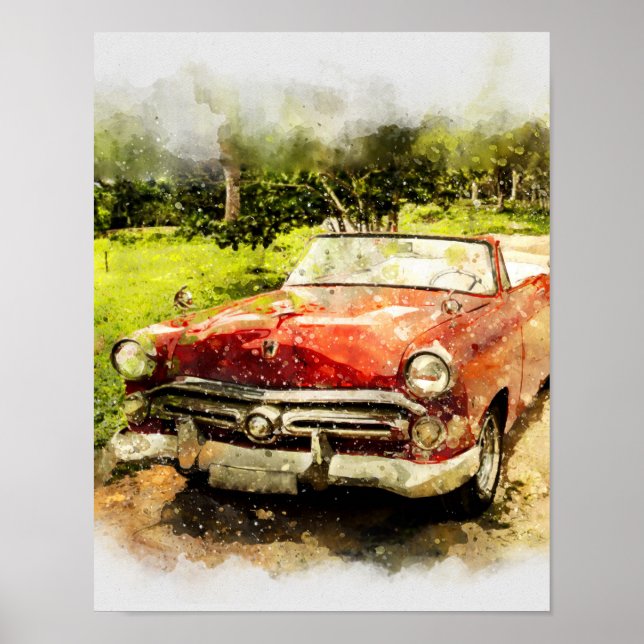Affiche Vintage Retro Old Classic Car Auto Aquarelle Art (Devant)