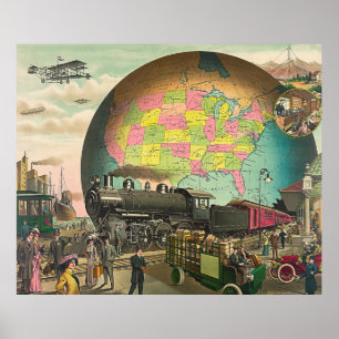 Affiche Vintage Retro Steampunk World Globe Transport