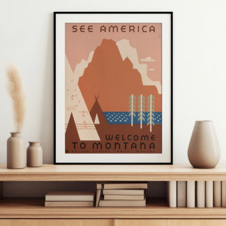 Affiche Vintage Retro Voir Amérique Bienvenue au Montana