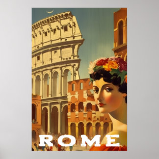 Affiche Vintage Rome Italy Travel Colosseum Lady