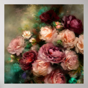 Affiche Vintage Rose Doux Et Bourgogne Roses Peint