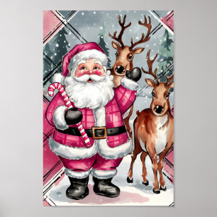 Affiche Vintage rose Père Noël Reinder Mur de Noël Art