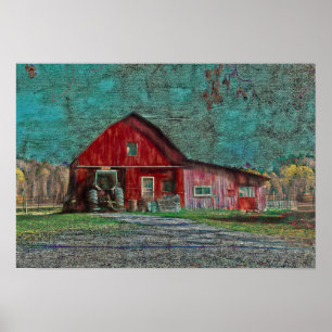 Affiche Vintage Rustic Old Red Teal Texture Barn