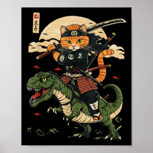 Affiche Vintage Samurai Chat Dinosaur Art japonais
