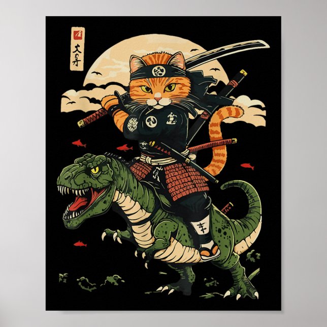 Affiche Vintage Samurai Chat Dinosaur Art japonais (Devant)
