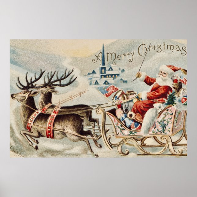 Affiche Vintage Santa Claus Christmas Sleigh Reindeer  (Devant)