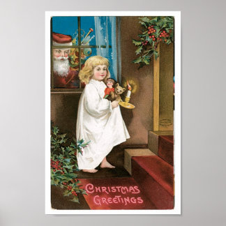 Affiche Vintage Santa looking in window at girl