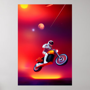 Affiche Vintage Sci-Fi Astronaut Motorcycle Jump Retro