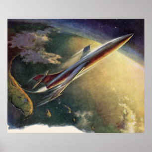 Affiche Vintage Science Fiction Spaceship Airplane Earth