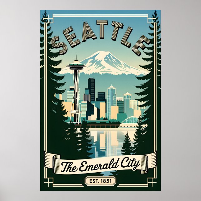 Affiche Vintage Seattle Washington Emerald City Rétro  (Devant)