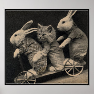Affiche Vintage Sepia Bunnies & Kitten Easter Art Imprimer