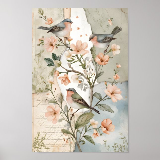 Affiche Vintage Shabby Chic Découpage Oiseau Botanique Art (Devant)