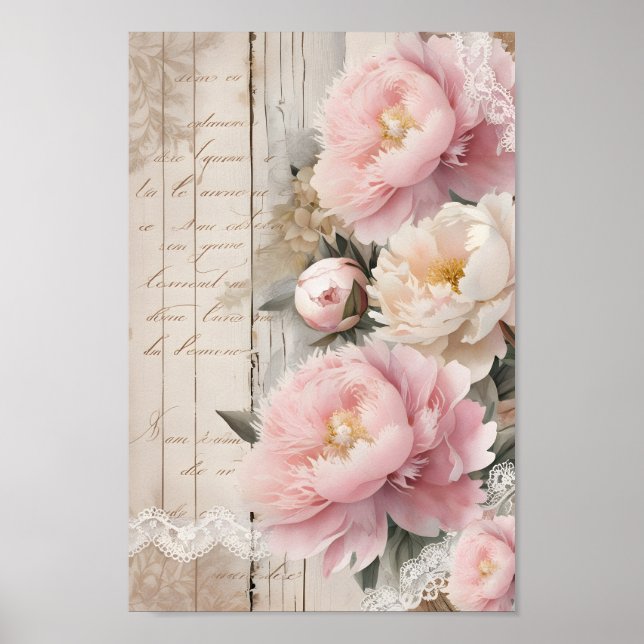 Affiche Vintage Shabby Chic Decoupage Peonies Mur Art (Devant)