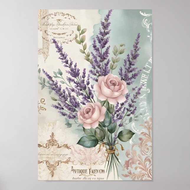 Affiche Vintage Shabby Chic Découpage Rose Art (Devant)