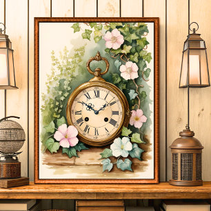 Affiche Vintage Shabby Chic Garden Horloge Mur Art
