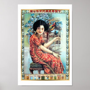 Affiche Vintage Shanghai Chine Cigarette et perroquet