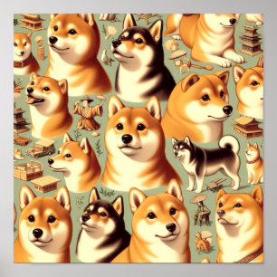Affiche Vintage Shiba Inu Motif sans couture