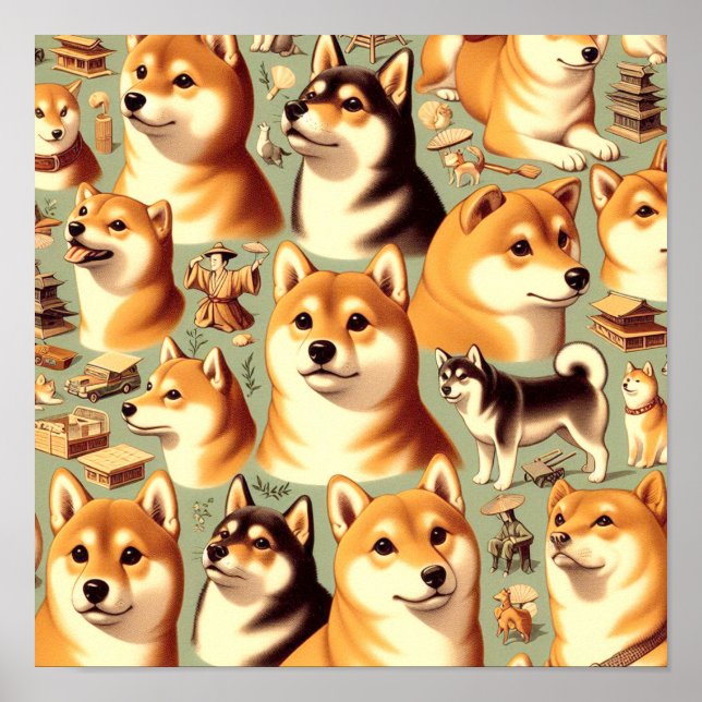 Affiche Vintage Shiba Inu Motif sans couture (Devant)