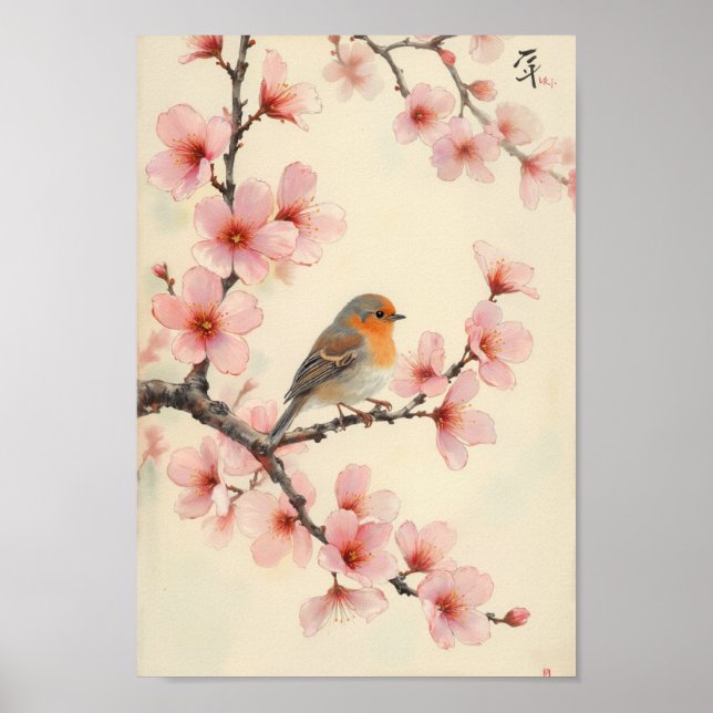 Affiche Vintage Spring Bird Cherry Blossom Wall Art (Devant)