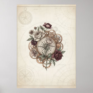 Affiche vintage Steampunk boussole engrenages rose