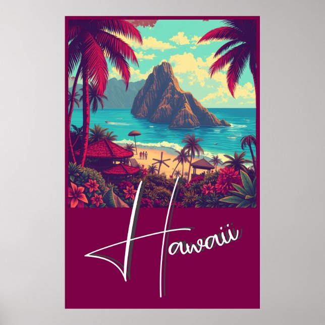 Affiche Vintage Style Hawaiian Travel Honolulu Mid-Pacific (Devant)