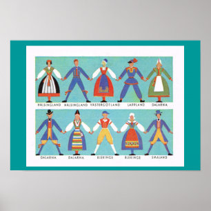 Affiche Vintage Sweden,  Traditional regional costumes 1