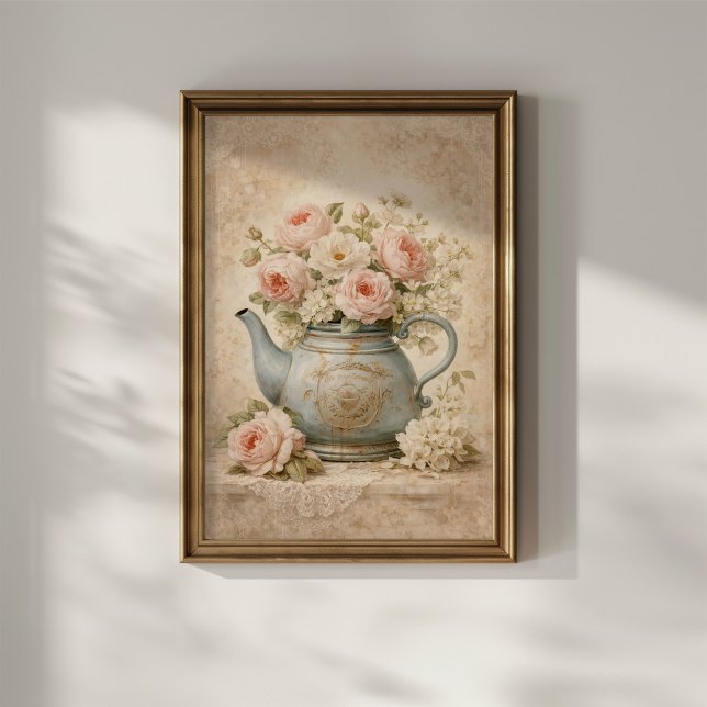 Affiche Vintage Teapot with Roses (Créateur téléchargé)