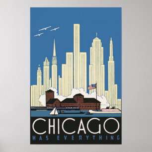 Affiche Vintage Travel Chicago a Tout Ciel de la Ville