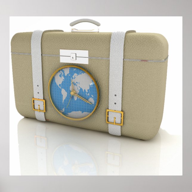 Affiche Vintage Travel Suitcase Clock World Map (Devant)