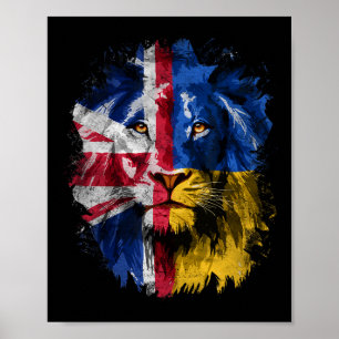 Affiche Vintage Uk Et Ukraine Drapeau Lion Visage Ukrainie