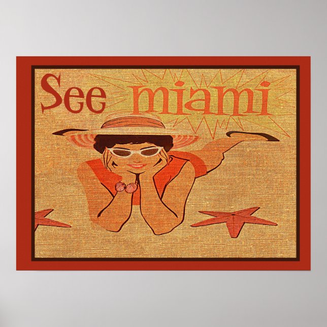Affiche Vintage Voir Miami Sunbathing Girl Retro Travel (Devant)