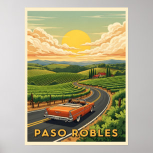 Affiche Vintage voiture paso robles vin pays au coucher du