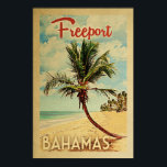 Affiche Vintage voyage d'arbre de palme Freeport<br><div class="desc">Un imprimé d'art contemporain du milieu du siècle,  Freeport Bahamas,  d'un style rétro unique,  dans un style d'affiche de voyage vintage. Il dispose d'un palmier incurvé sur une plage de sable avec l'océan sous un ciel bleu nuageux.</div>