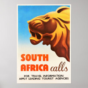 Affiche Vintage voyage de lions d'Afrique du Sud